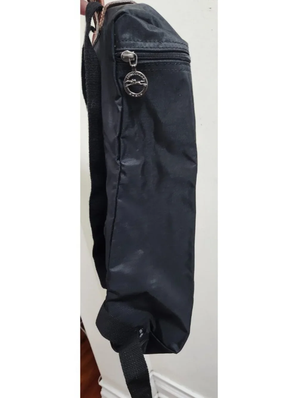Longchamp Le Pliage Backpack Black Nylon Brown Leather Foldable NWOT